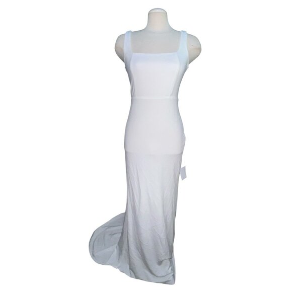 Lulus Open Bow Back Sleeveless Square Neck Maxi Wedding Dress with Train Sz Medi - Picture 5 of 13